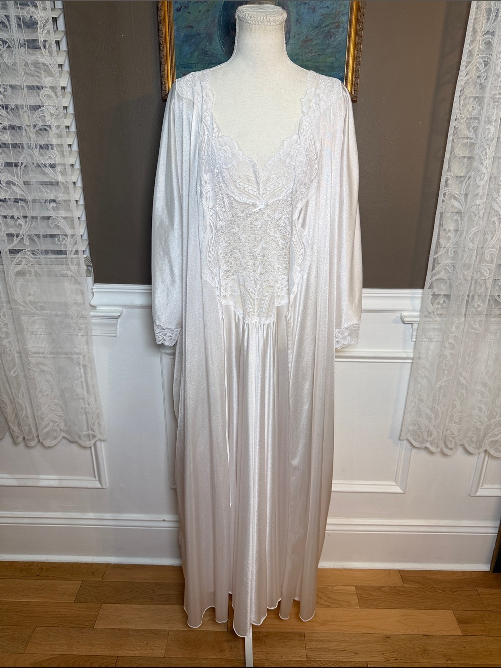 Vintage Intimate Attitudes 2X Ivory Lace Maxi Slip Dress Robe Set